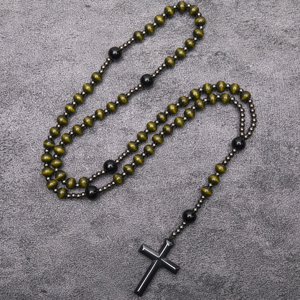 Wholesale Wooden Beads Black Gallstone Cross Religious Long Rosary Necklace